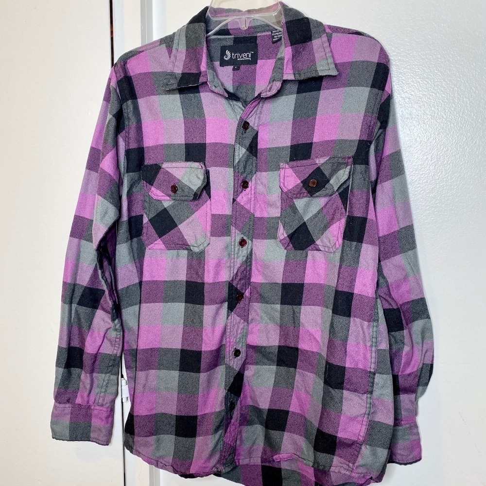 TrIveni Purple Grey Plaid Flannel Shirt L